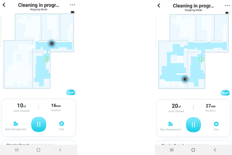 Очищенная область отмечена синим цветом в приложении Yeedi App